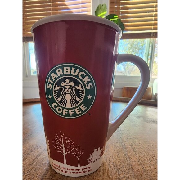 2006 Starbucks Red Tall Holiday Christmas Coffee Cup Mug w/ Christmas Scene - Picture 3 of 5